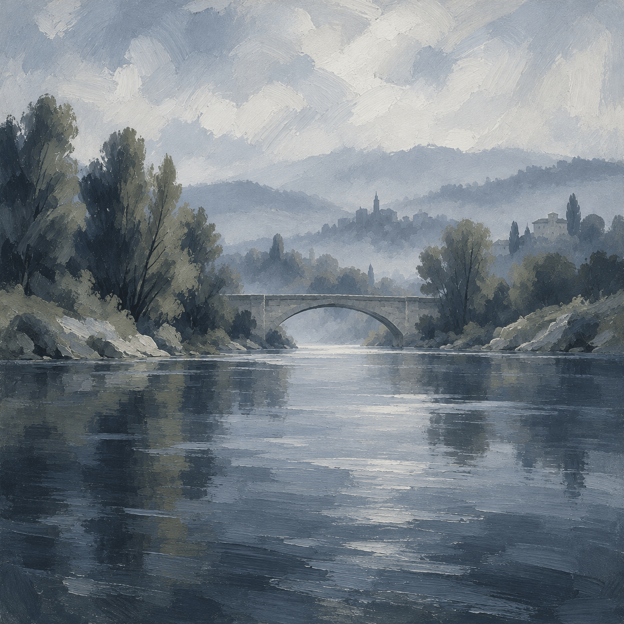 A loose painting of a quiet river and a bridge between tree-lined banks